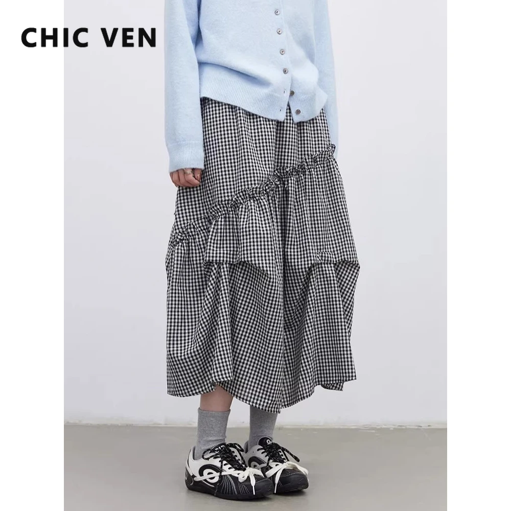 CHIC VEN Fashion Women Skirt High Waisted A-line Ruffled Edge Design Black and White Checkered Female Skirt Spring Summer 2026