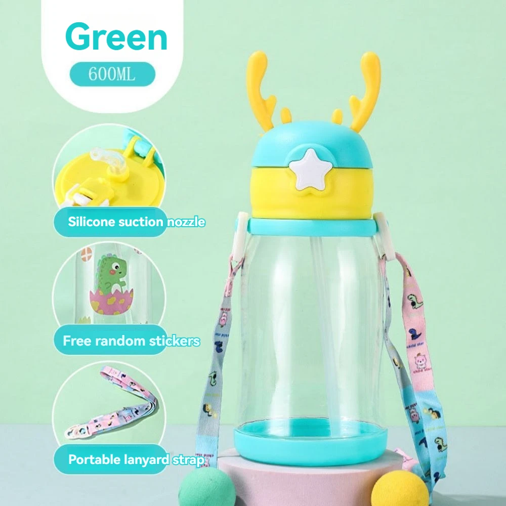 1PCS 600ml Cover Water Cup Children Pot Baby Plastic Drinking Water Students Cartoon Fall Bouncing Kettle Back Strap Cute Cups image 4