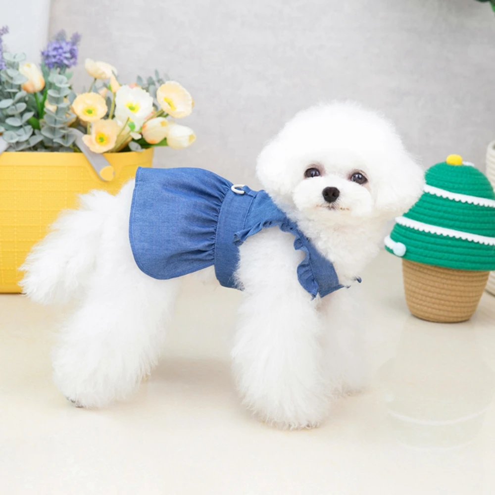 Small Dog Dress With D-Ring Denim Dog Skirt Soft Tractable Jean Dress for Female Dog Apparel Doggie Sundress Pet Clothes