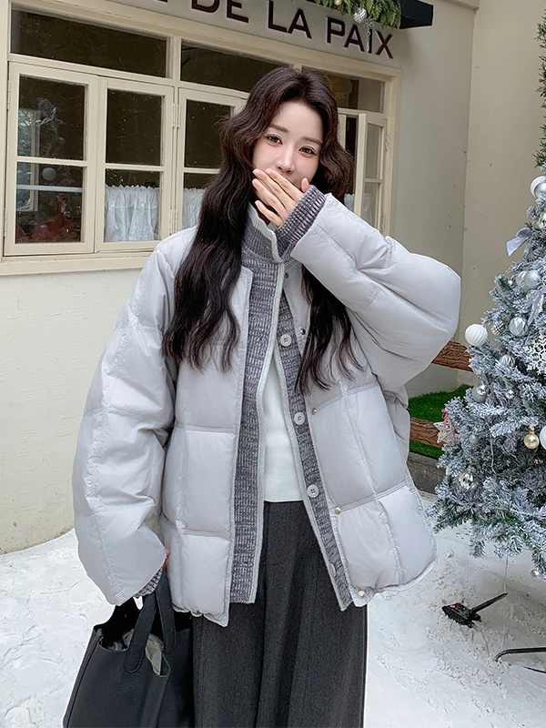 Damska dzianinowa kurtka patchworkowa ze stójką, ocieplana, zimowa, modna, ciepła odzież wierzchnia, luźny krój.