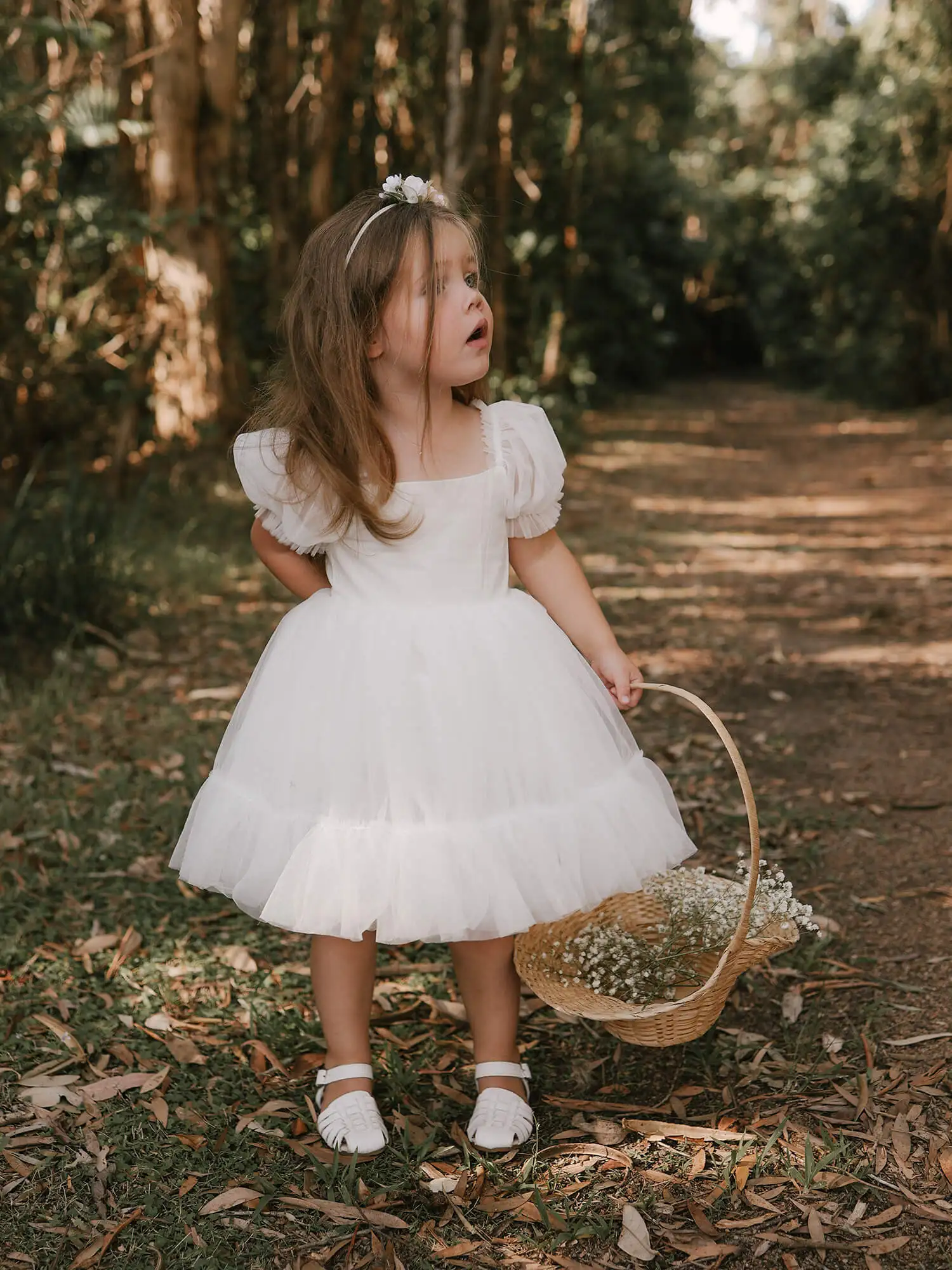 

Tulle Square Collar Puff Sleeve Flower Girl's Dresses A-line Pleated Simple Wedding Party Dress Cute Plain Kids Evening Dress