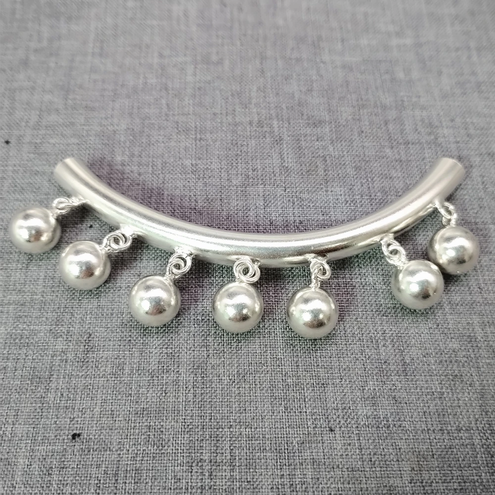 

925 Sterling Silver Large Curve Tube Bead Charm w/ Round Ball Drop for Bracelet Necklace