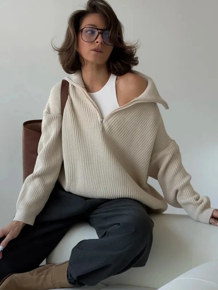 

Women's Casual Lapel Sweater Loose Long Sleeve Zipper Pullover Solid Color Autumn Winter Jumper All-match Female Fashion