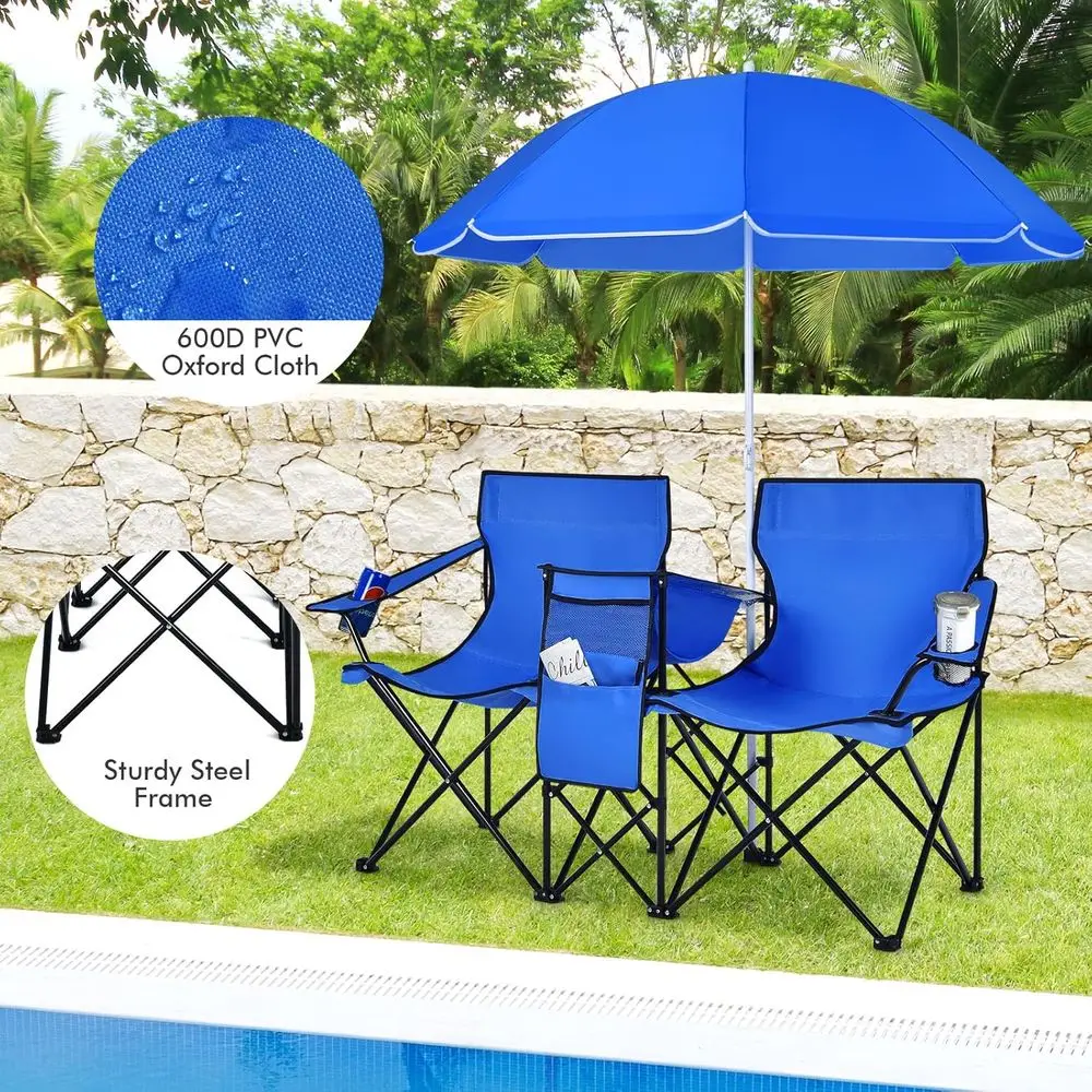 Portable Folding Picnic Chairs with Detachable Umbrella, Cooler and Cup Holders, Ideal for Beach and Camping, Blue view 4