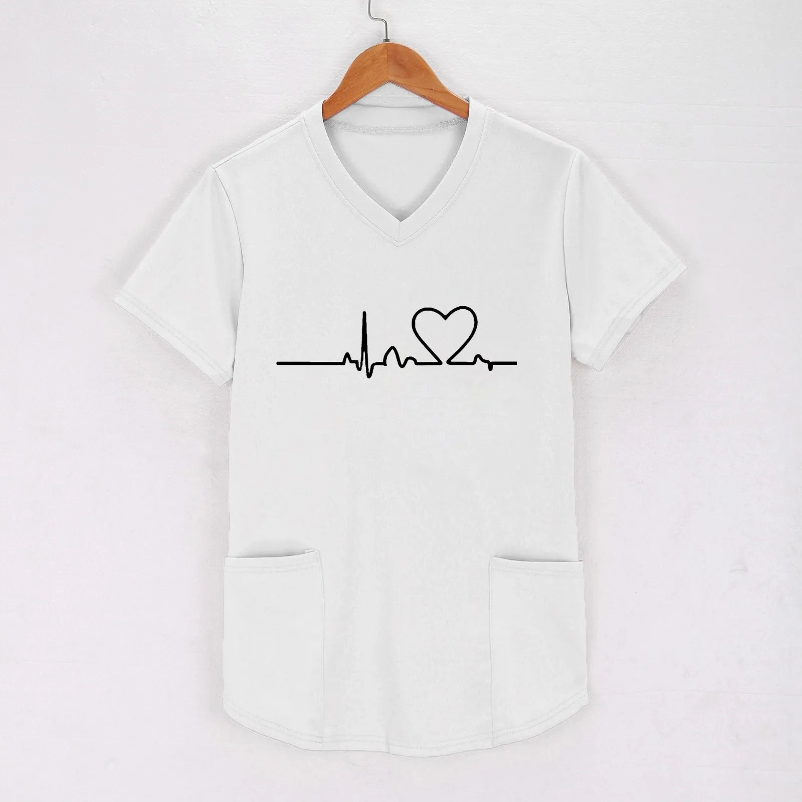 Women Heart Print Nurses Uniform Short Sleeve V-neck Tops Working Uniform Printing Pocket Blouse Tops Pet Grooming Uniforms New