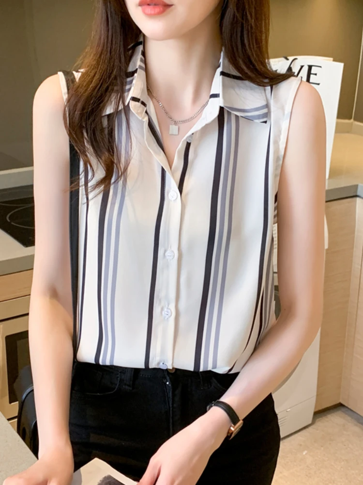 Stripe Summer Women\'s Shirt Chiffon Blouses for Women Sleeveless Shirt Basic Elegant Female Clothing Button Up Shirt Womens Tops