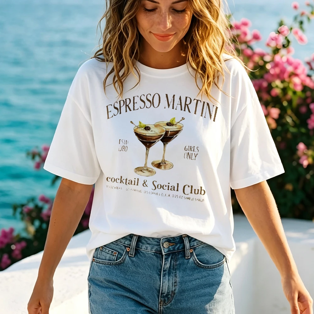 Women Espresso Martini Cocktail Social Club Print T Shirt Wine Glass Pattern Crew Neck Short Sleeve Cotton Tee Bar Party Tops