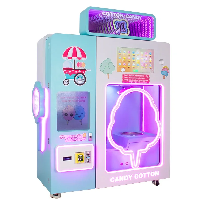 Commercial Cotton Candy Floss Machines Robot Arm Sugar Making Trade Fully Automatic Cotton Candy Vending Machine