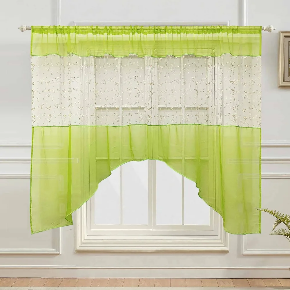 Pastoral Large Triangular Embroidered Tulle Curtains for Bedroom, Kitchen, Cafe, Terrace