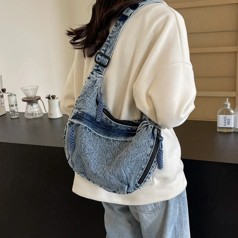 Korean Style Vintage Washed Denim Sling Bag - Trendy Casual Crossbody Bag for Teen Girls & Streetwear Fashion