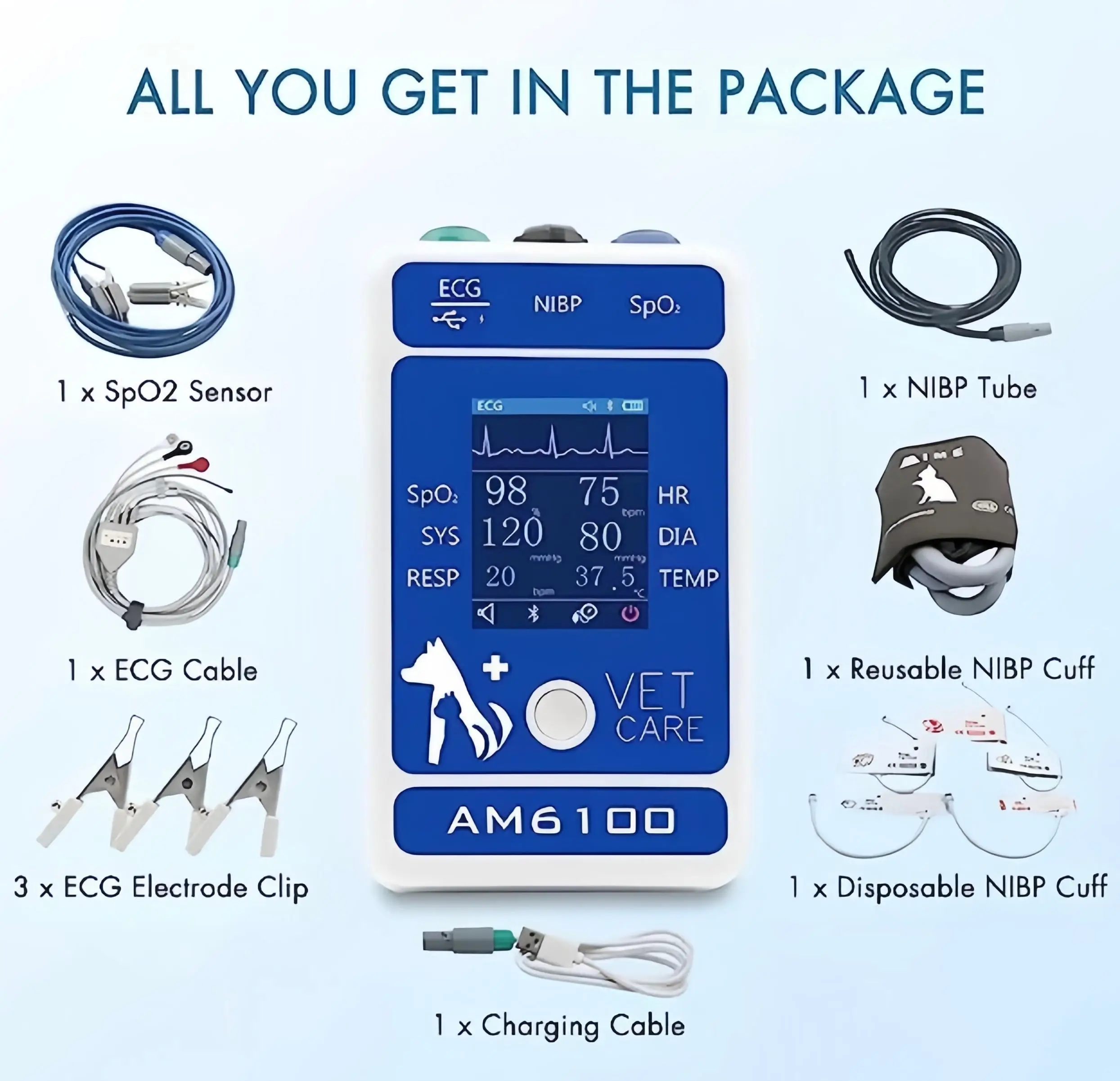 Am6100 Veterinary Monitor Accessories Can Handle Animal Vital Signs: PR, HR, NIBP (Blood Pressure) SpO2, Breathing TEM