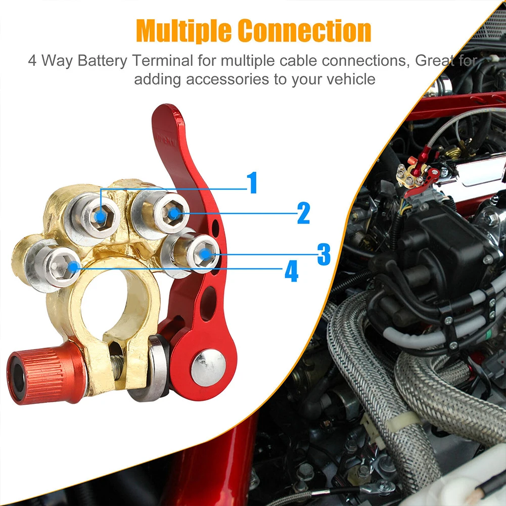 2pcs Car Battery Terminal Connectors 4 Way Quick Release Disconnect Terminal Clip Positive Negative Pole 8 Terminals Accessory