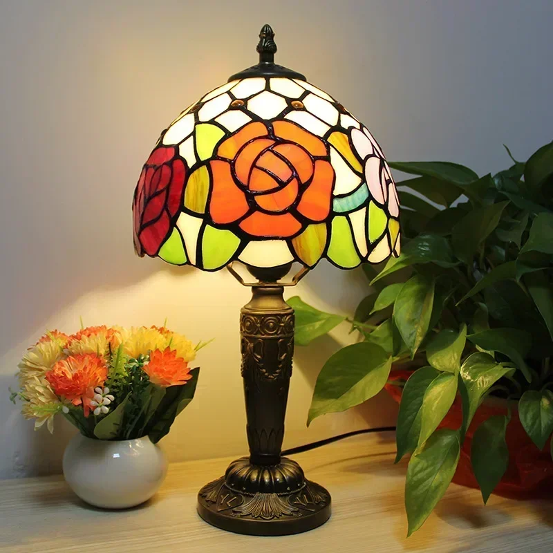 8inch 20cm Handmade Soldering Process Retro Stained Glass Tiffany Red Flower Lampshade Resin Base Table Lamp Desk Lamp