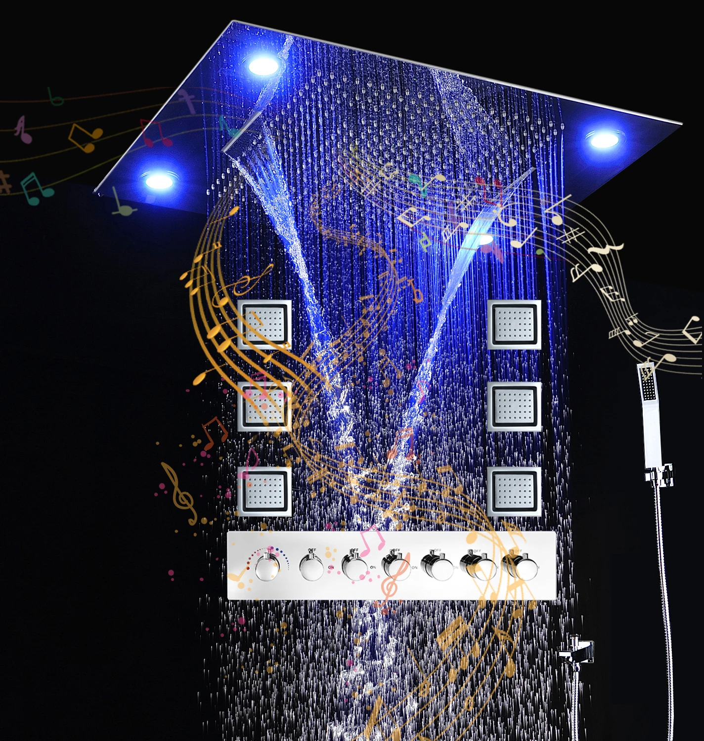 

Villa Luxury Bathroom Shower 600*800MM LED Rain Shower Set Thermostat Bluetooth Music Shower With 4 Inch Lateral Jets