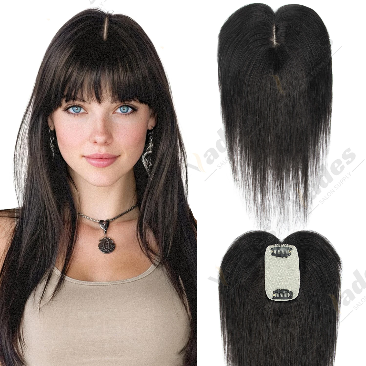 

Накладки из натуральных человеческих волос для женщин, с челкой, тонкая основа 5*9 см с кружевной застежкой, накладные пряди Реми, плотность 150%, черные