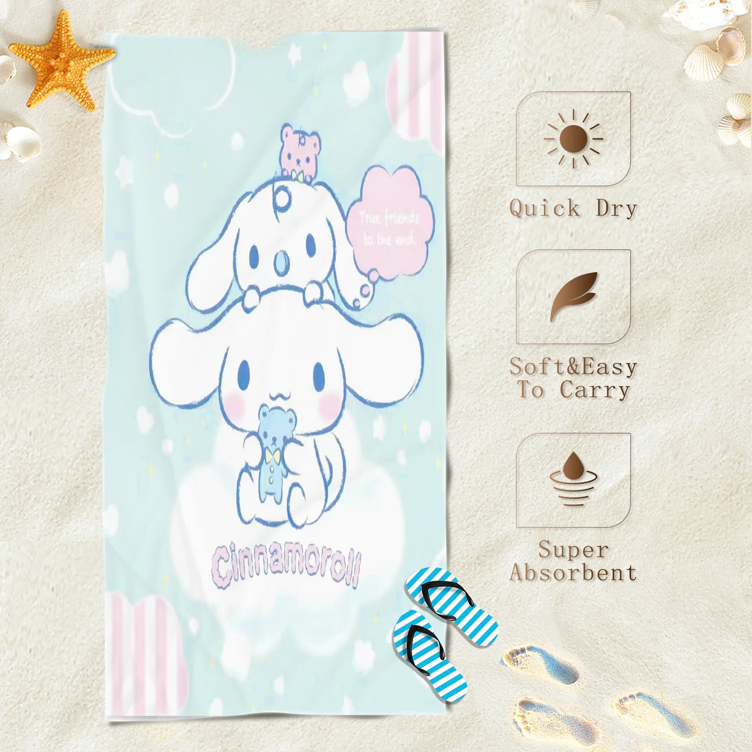 

Sanrio-Cinnamoroll Cartoon Beach Towel для детей, большая микрофибра, путешествия, пикник, бассейн, женщины, дети, душ, ванная комната