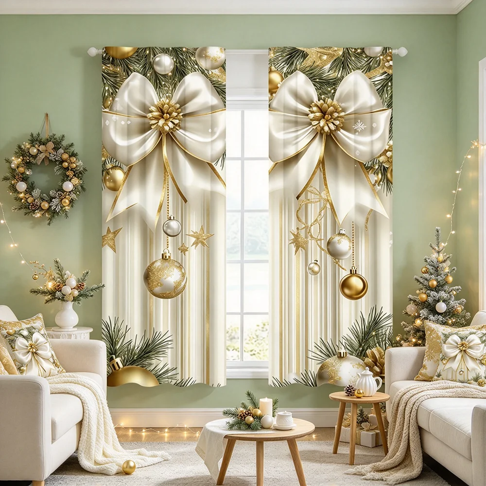 2PCS Christmas Curtains, White Gold Bow Ribbon Bauble Snowflake Star Ornament Bell Candle Pattern Printed Curtains, Chic