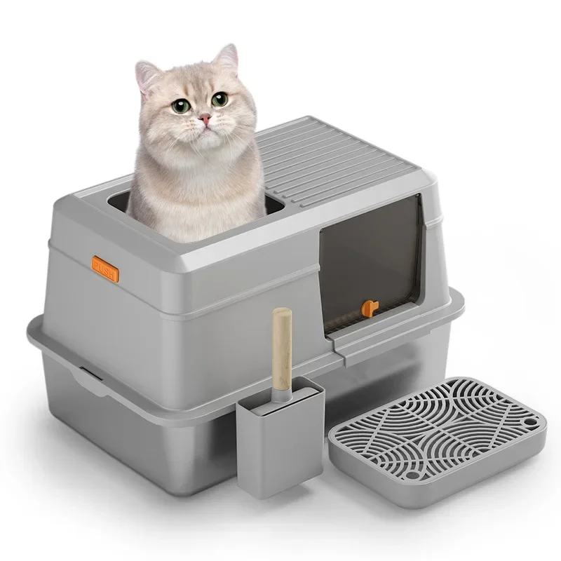 

New Cat Litter Box Fully Enclosed Top in Oversized Stainless Steel Pet Toilet Splash Proof Cat Supplies Top Out Pet Litter Box