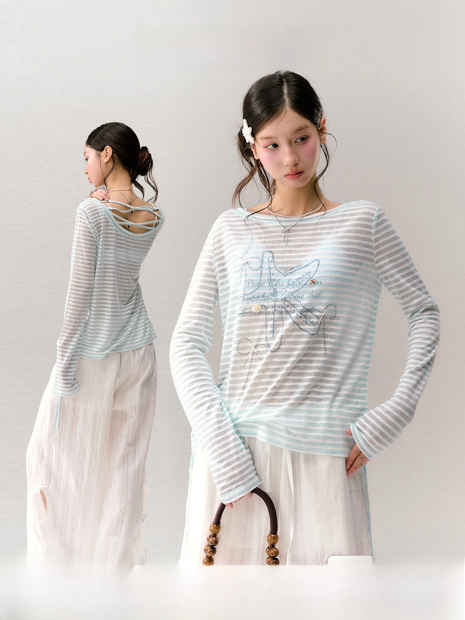 Guukahero Light Blue Striped Long Sleeve Women's T-shirt Breathable Semi-Transparent Loose Fit Summer Top Korean Style