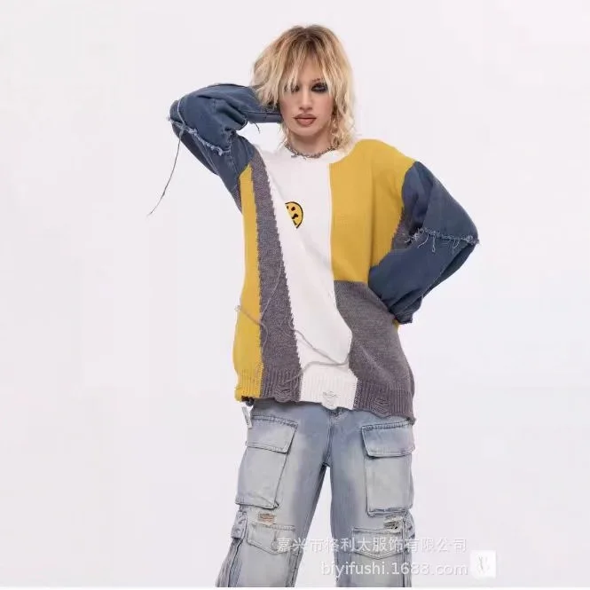 

2025 Style Contrast Color Loose Sweater Design-Inspired Limited-Edition Denim Patchwork Outerwear Lazy Style Knitted Base Shirt