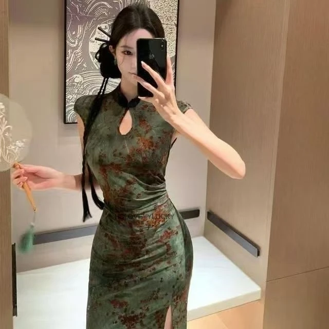 

Сексуальное платье Cheongsam в китайском стиле в стиле ретро с цветочным принтом, модифицированное летнее платье, подчеркивающее фигуру, летняя юбка длиной до бедра, Cheongsam