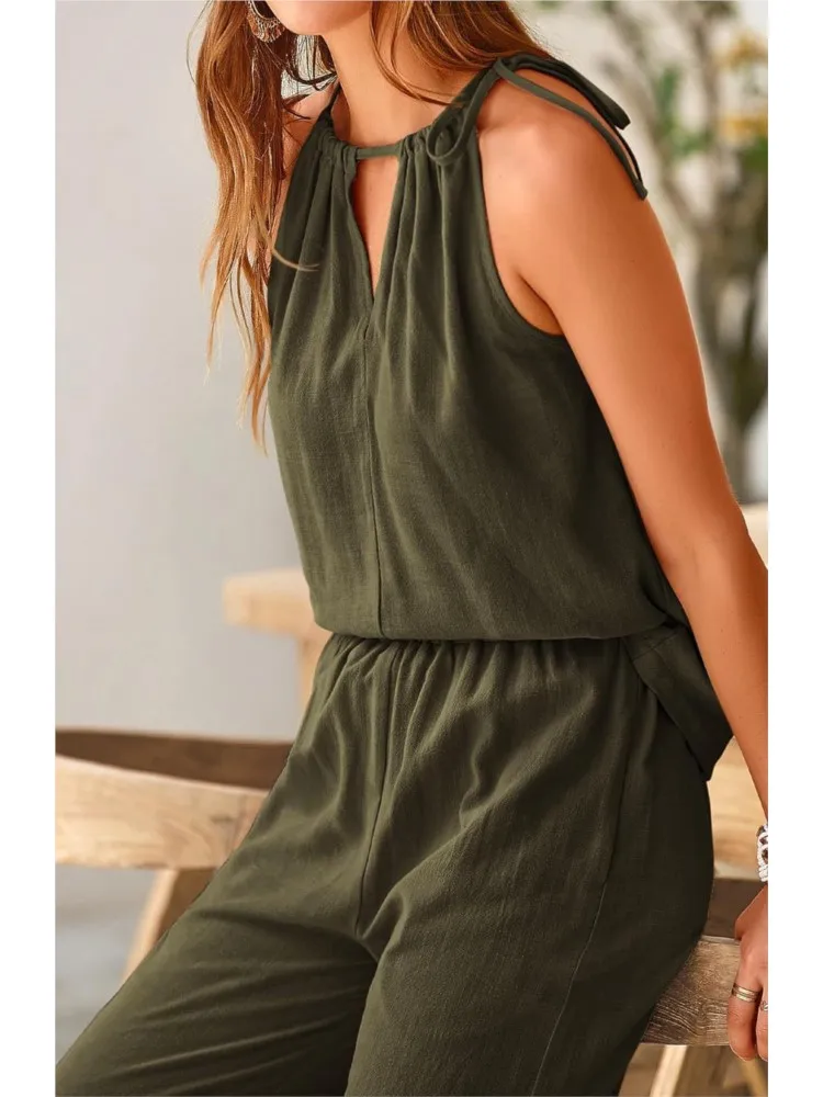 Damski zestaw na wiosnę i lato: bezrękawnik, dwuczęściowy komplet, modny, ażurowy dekolt, topy, spodnie z szerokimi nogawkami, strój na co dzień, jednolity kolor.