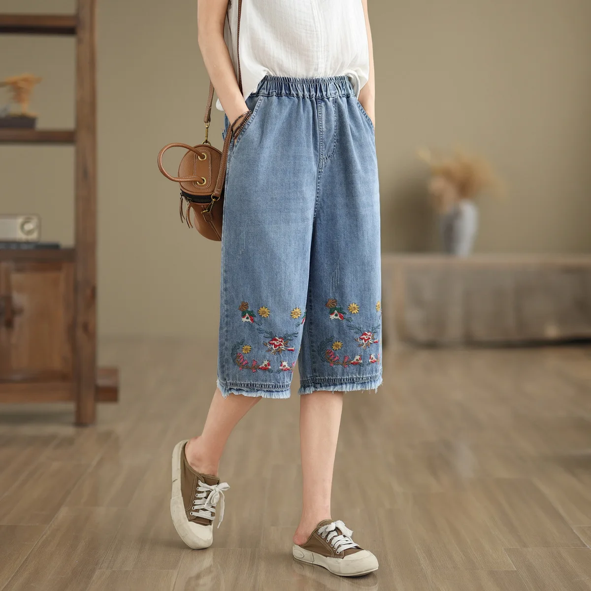 Aricaca Wide Leg Pants for Women Fashion High Waist Knee Length Jeans Shorts Women Oversize Denim Pants