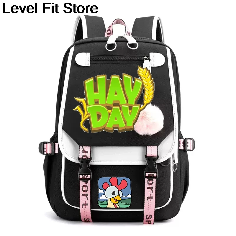 Hay Day Farm Game Casual Backpack, Black Pink School Bag with Chicken Print High quality backpacks for teenagers for girls boys