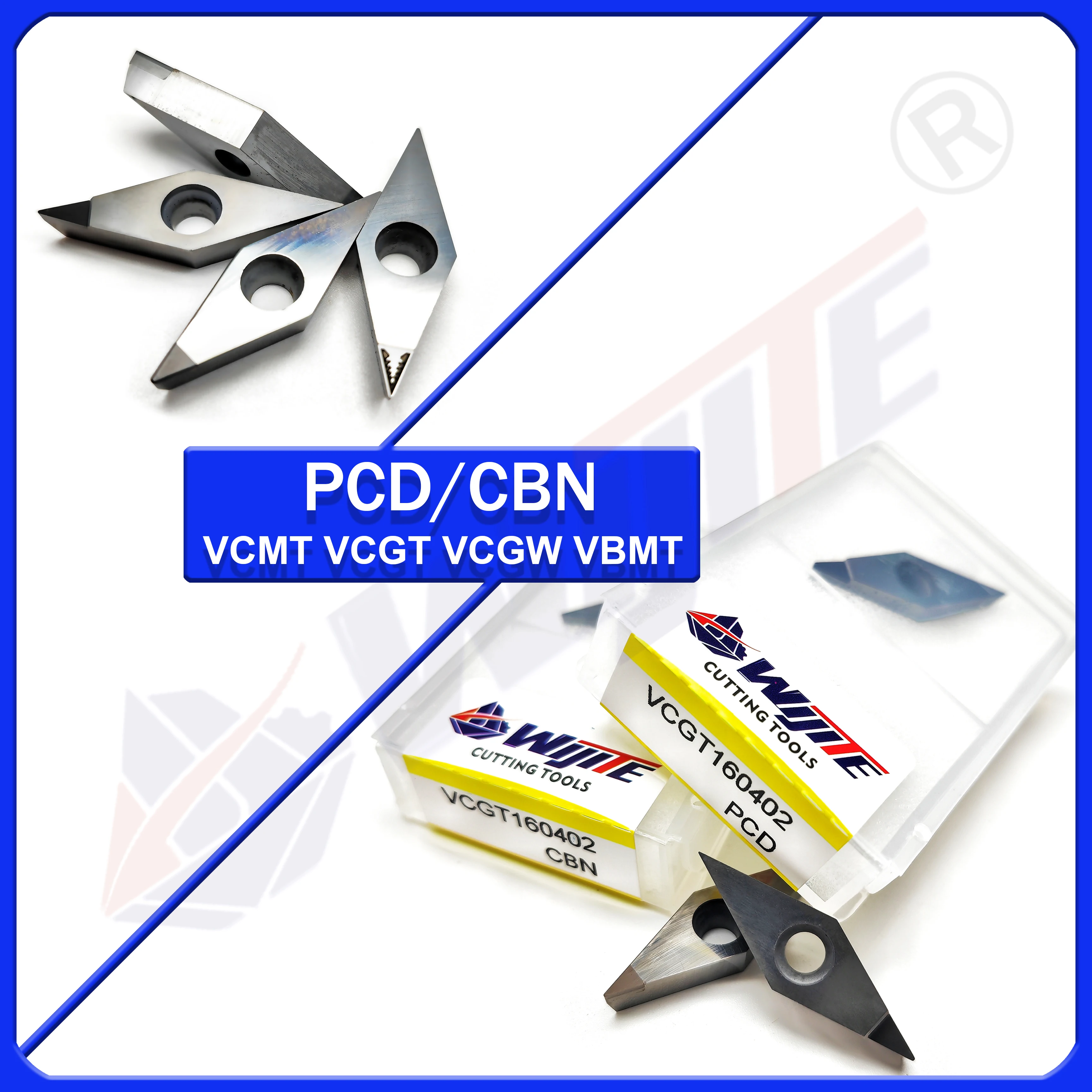 

PCD VCMT VCGT VCGW VBMT VBGT VBGW 1103 1604 tool are used for aluminum and copper.CBN tool are used for hard steel and cast iron