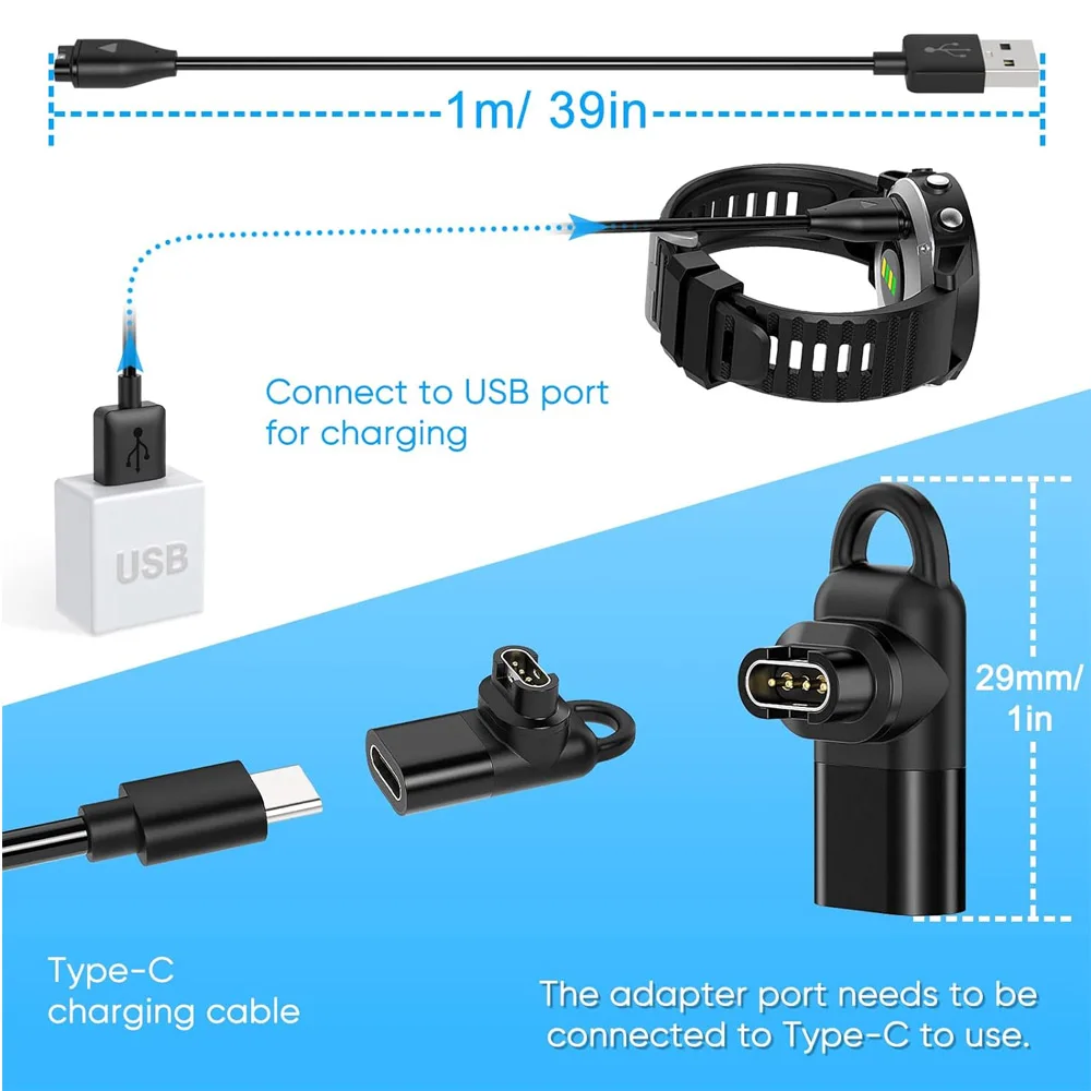 Charger Adapter for Garmin vivoactive 5 4 4S Type-C USB Cable Charging for Fenix 7 7S 7X 6 6S 6X 5 5S 5X Plus Pro/ Venu 3S 3 2S