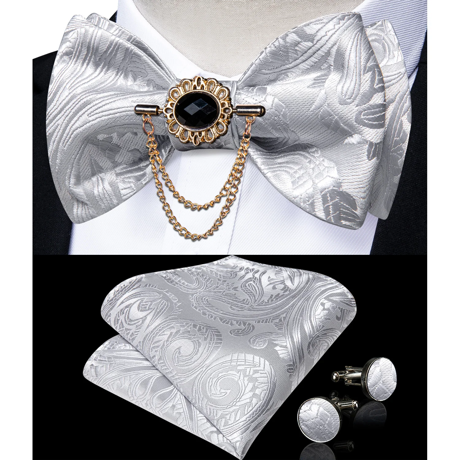Exqusite männer Selbst-krawatte Bowties Hochzeit Krawatten Für Mann Zubehör Manschettenknöpfe Hanky Brosche Set Rot Schwarz Gelb blau Bowtie – Detail 9