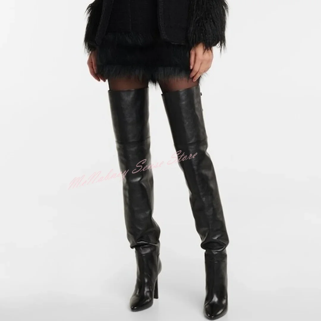 Buckles Leather Thigh High Boots Pointy Toe Solid Stiletto Heels Long Boots Women Sexy Shoes Winter Party Designer New Fashion