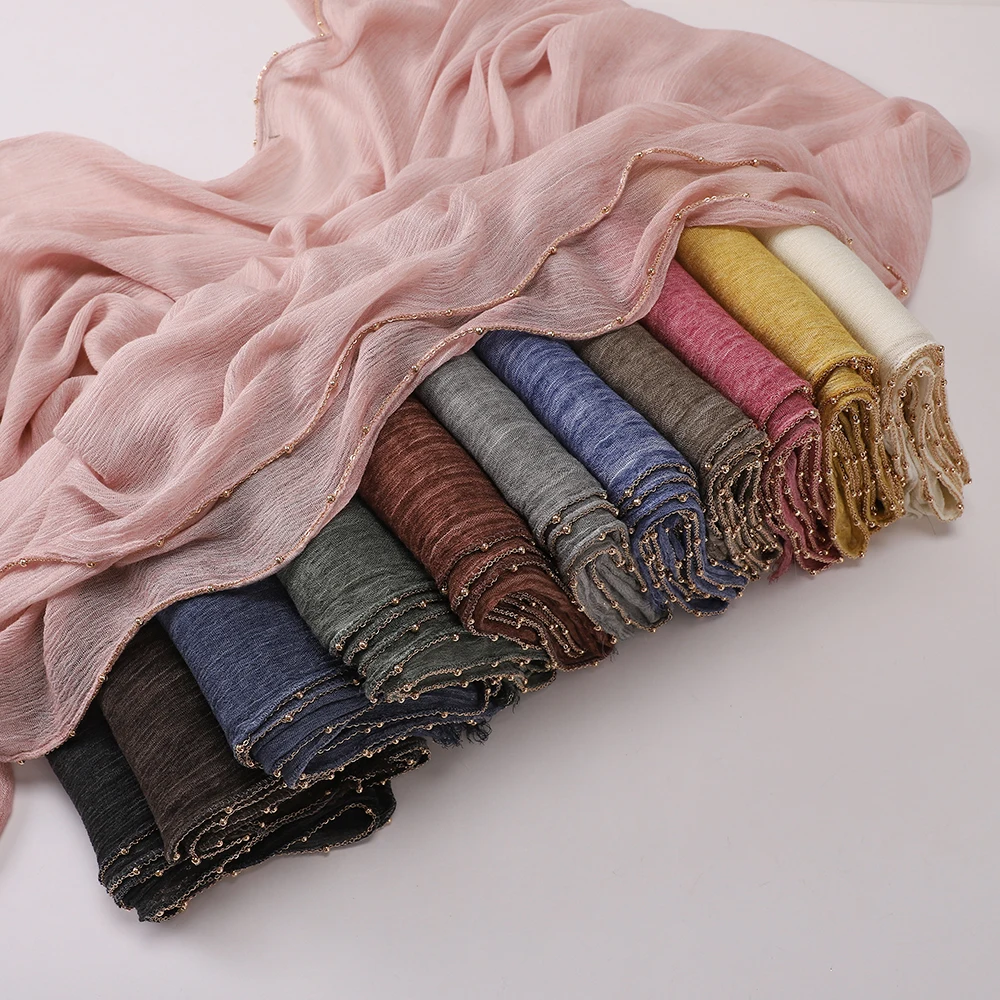 

Luxury Golden Chain Beaded Hijab Rayon Retro Wrinkle Scarf Ramadan Shawl Headband Soft Turban for Muslim Women