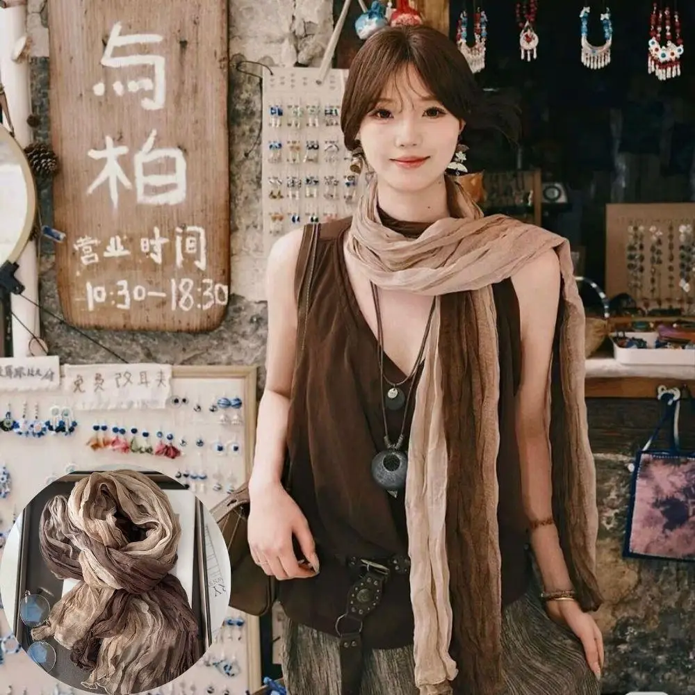 

Корейский женский теплый хлопковый льняной градиентный шарф, винтажный хлопковый льняной шарф с морщинами, осенне-зимний элегантный универсальный шаль на шею