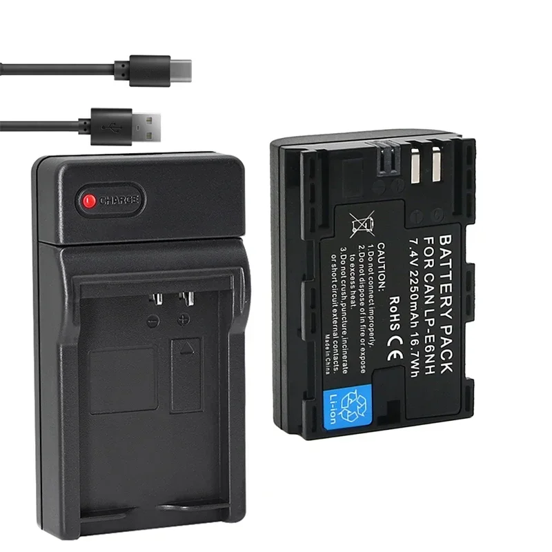 LP-E6NH Batería de repuesto 2250 mAh y cargador USB de triple ranura para Canon EOS R7, R5, R6 R6 II, EOS R, 5D II III IV