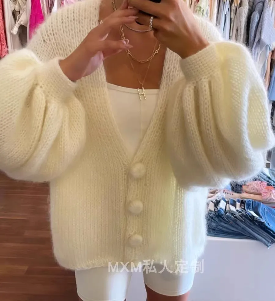 

High end lazy style knitted top V-neck sweater long sleeved cardigan thick needle mohair coat loose women's autumn wear knitted