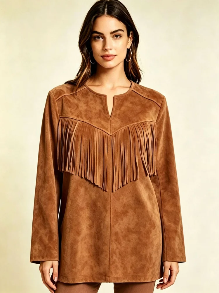Women's Vintage Western Faux Suede Fringe Top, Long Sleeve Split Neck Loose Fit Slimming Cowboy Casual Tunic Shirt