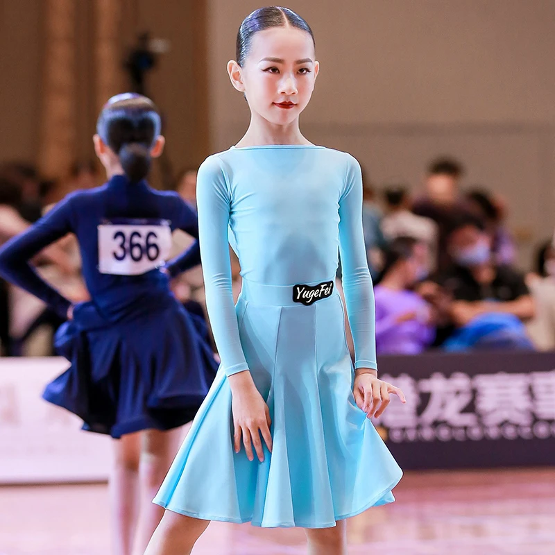 

New Children'S Latin Dance Competition Clothing For Girls Long Sleeved Professional Split Skirts Suit Chacha Latin Dress DN17265