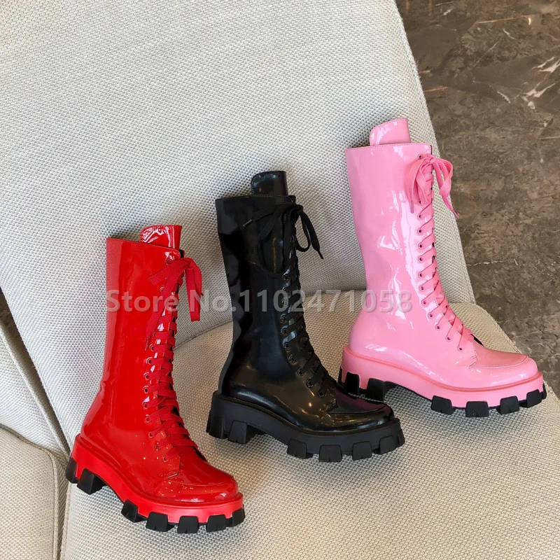 

Punk Style Chunky Bottom Height Increasing Women Knight Boots Fashion Catwalk Winter Round Toe Lace-Up Mid-Calf Mototcycle Boots