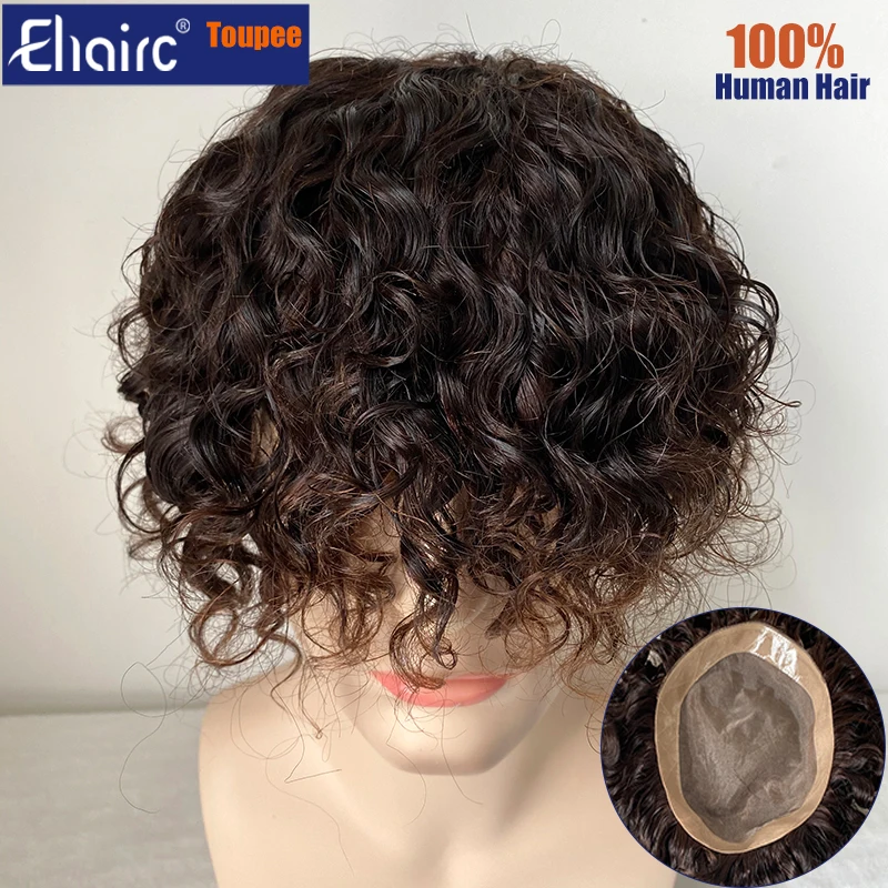 

Brown Color Curly Toupee For Men Mono Hair System Unit for Men Durable Male Hair Prosthesis 100% Human Hair Men's Wig