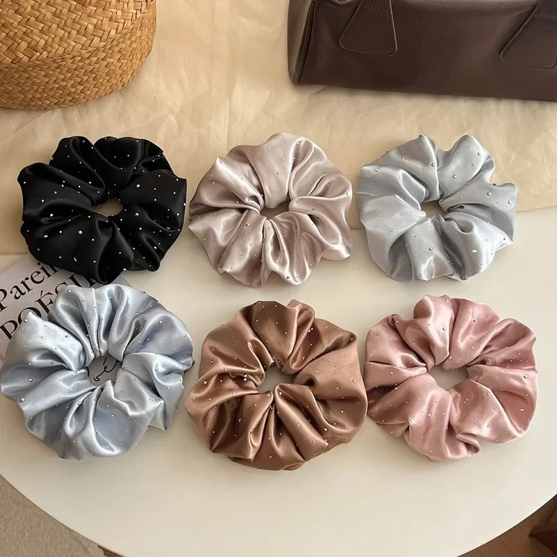 1PCS Satin Scrunchies Rhinestones Decor Soft Comfortable Hair Ties for Women Adult Travel Ponytail Four Seasons