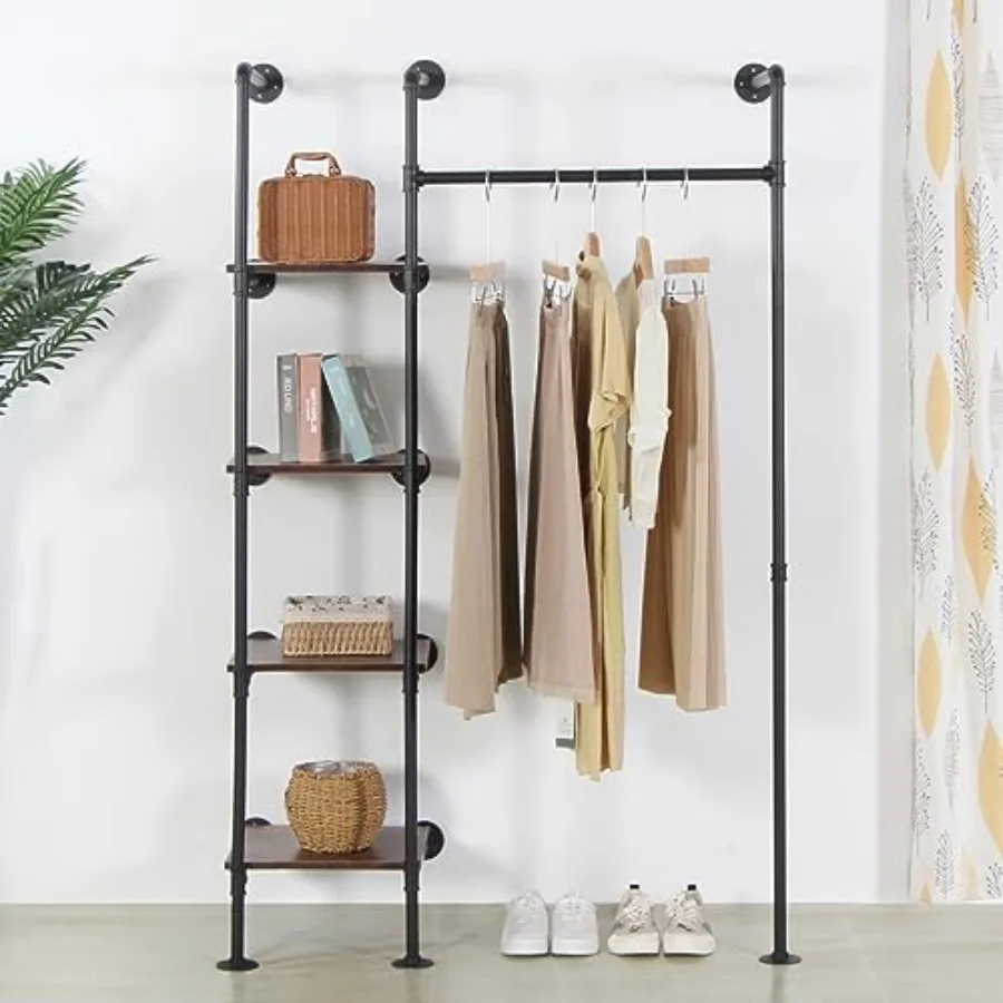 Industrial Pipe Clothing Rack with Shelves 71inch Wall Mounted Closet Storage Racks Hanging Clothes Retail Display Rack Garment
