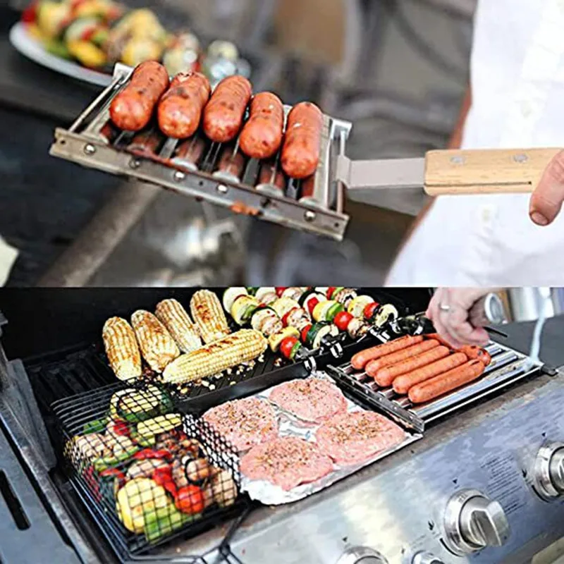 Beech Handle Hot Dog Roller Stainless Steel Sausage Roller Rack With Extra Long Wood Handle BBQ Hot Dog Griller For Evenly Cook