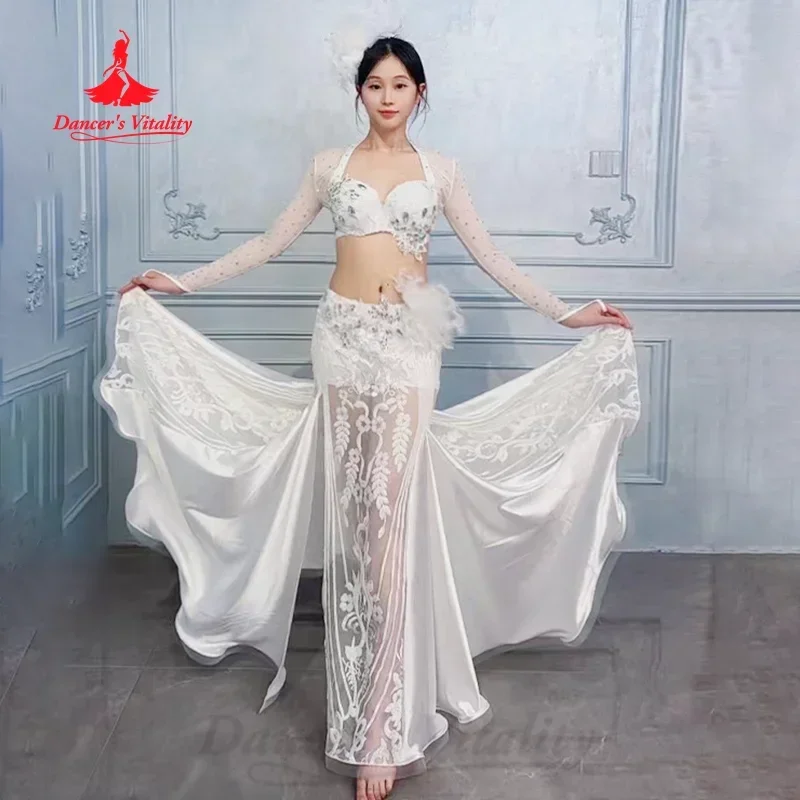 

Belly Dancing Set Women's Customized Senior AB Stones Bra+Sexy Lace Satin Long Skirt 2pcs Oriental Dance Performance Costumes