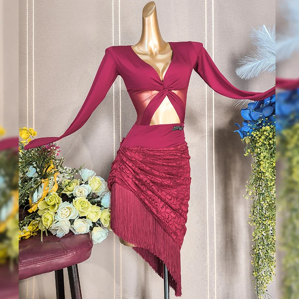 

Стандартное танцевальное платье, женский костюм для латинских танцев, новая кофейная сценическая одежда, винно-красная тренировочная одежда с кисточками и длинными рукавами