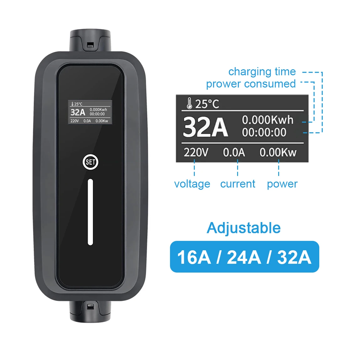 Adjustable Level 2 EV Charger J1772 Type1 And IEC 62196 Type 2 16/32A 1P 7KW EVSE Control 5m Portable Electric Vehicle Cars