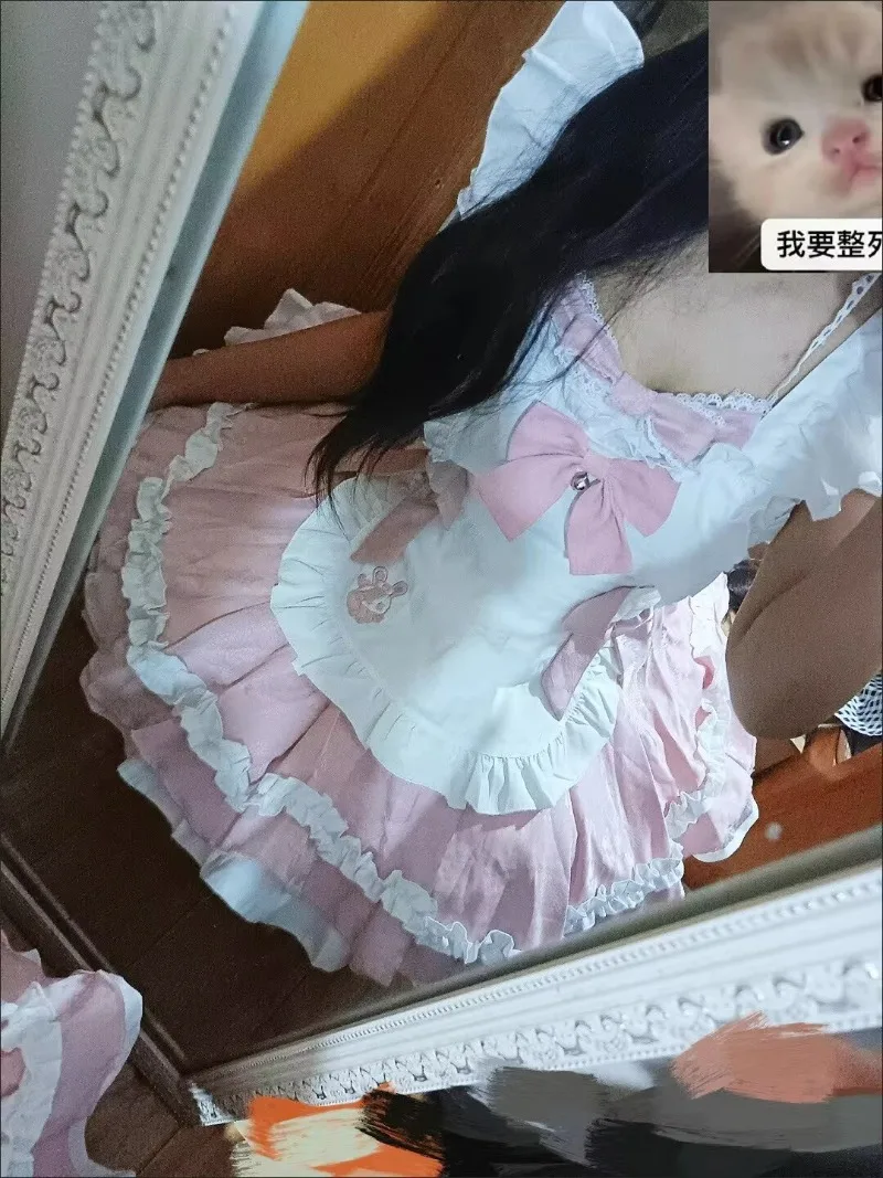 Japanese Lolita Style Sweet Cute Girl Age Reducing Light Luxury Bubble Sleeves Bow Lace Up Apron and Dress Two-piece Set Summer