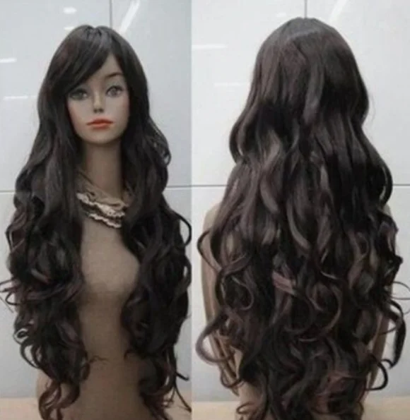 Longo encaracolado peruca de cabelo ondulado feminino marrom sintético cosplay festa peruca completa moda