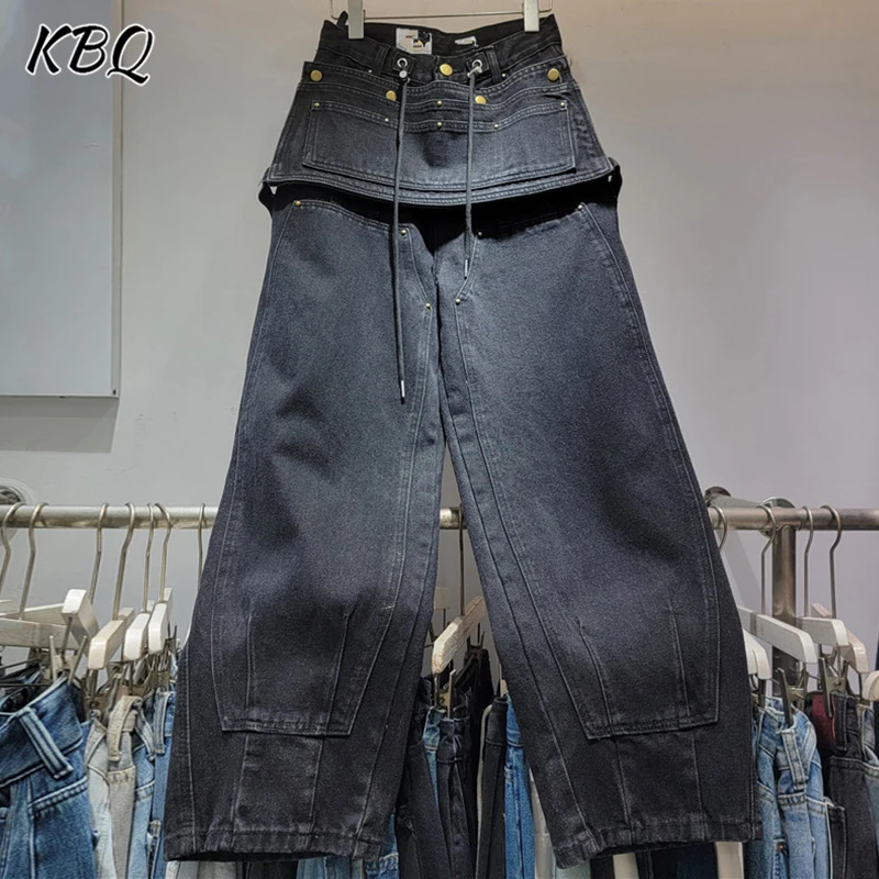 KBQ Solid Patchwork Lace Up Chic Denim Trouser For Women High Waist Spliced Pocktes Wide Leg Streetwear Pants Female Fashion