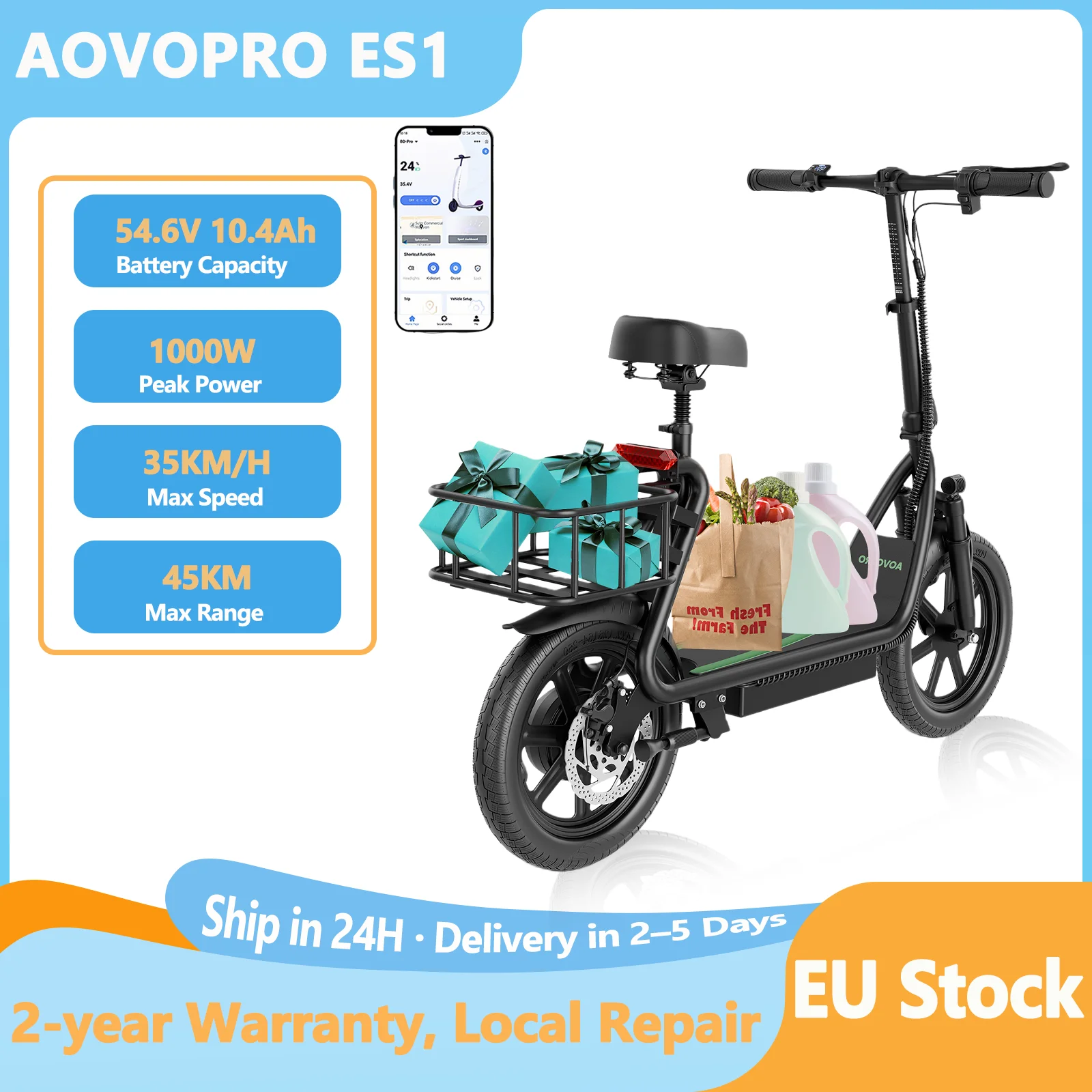 Vélo électrique AOVOPRO ES1PLUS 500W avec siège, scooter électrique pour adultes, batterie 54.6V22.5Ah, autonomie 100KM, vitesse 35km/h, roues de 14 pouces, avec application